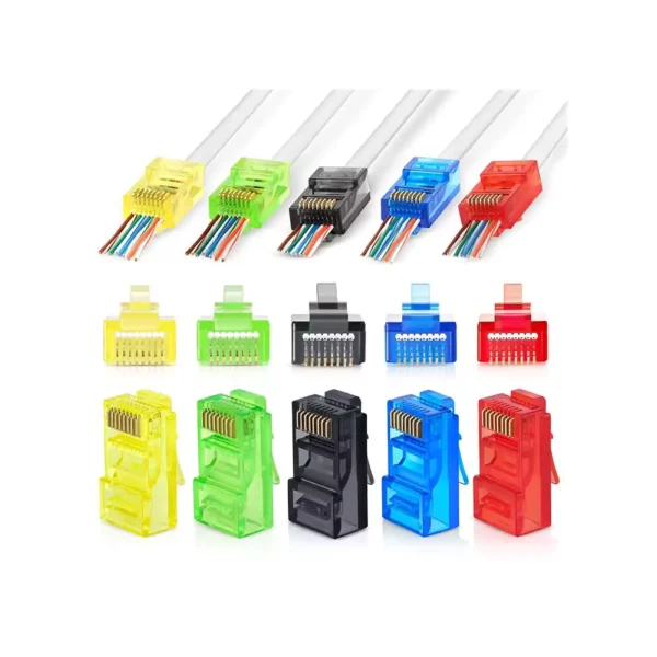 EMS RJ45 Cat6 Pass Through Connectors, Assorted Colors - Pack of 100 - EZ to Crimp Modular Plug for Solid or Stranded UTP Network Cable